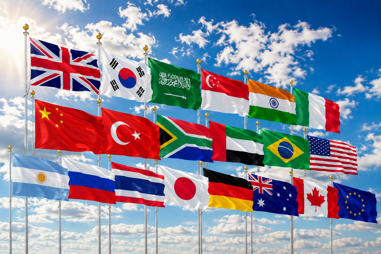 International flags displayed on flagpoles